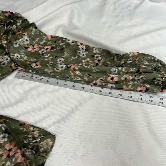 Current Air Green‎ Floral Long Sleeve Smocked Waist V Neck Dress Sz M - Picture 6 of 9
